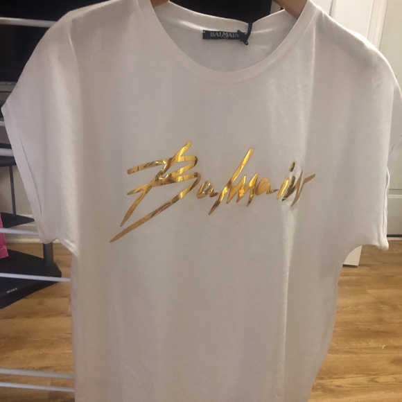 Balmain- White T-shirt with signature logo in gold - Picture 4 of 8
